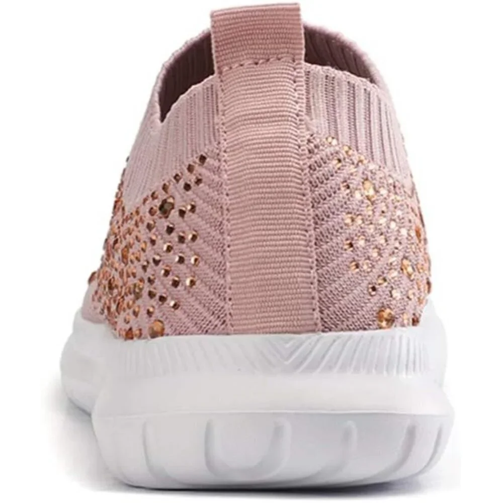 Women's Mesh Walking Shoes Rhinestone Glitter Slip On Ballroom Sneakers Pink